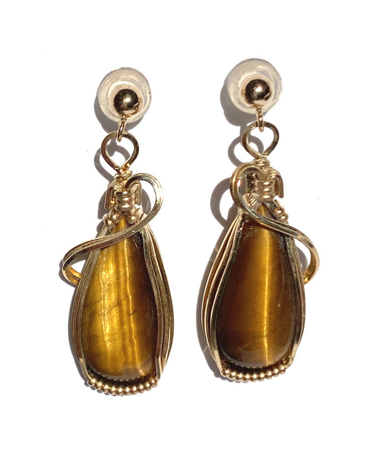 TIGER EYE TEARDROP IN GOLD EARRINGS – Twisted Wire Designs